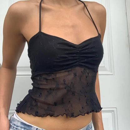 Top cropped de malha transparente Y2K com alças justas e camiseta sem costas