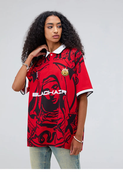 Camisa pólo Hip Hop com estampa da Virgem Maria