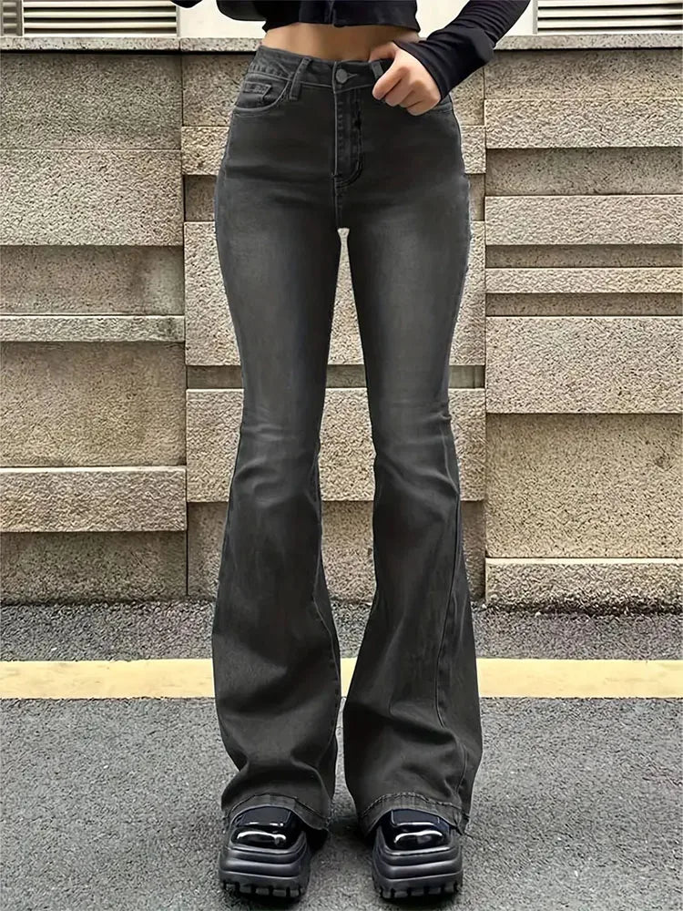 Jeans flare de cintura alta com bigode para mulheres – estilo punk Y2K