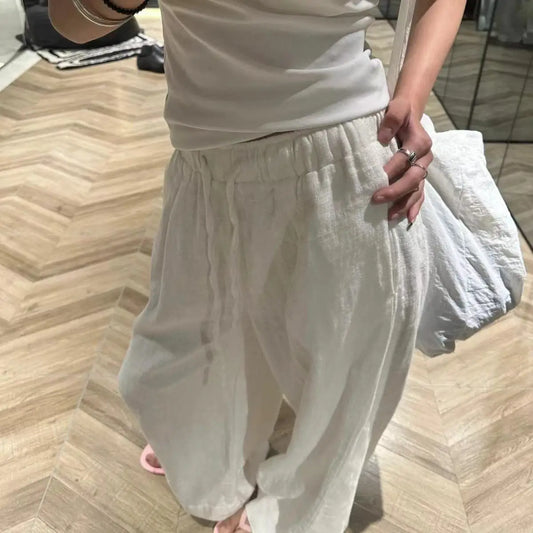 Pantalon large blanc basique en lin avec taille élastique