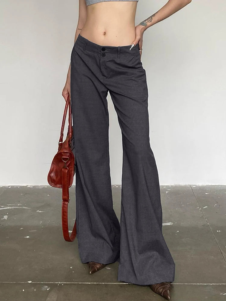Eleganzia Gris: Pantalones Anchos de Cintura Baja para Mujer