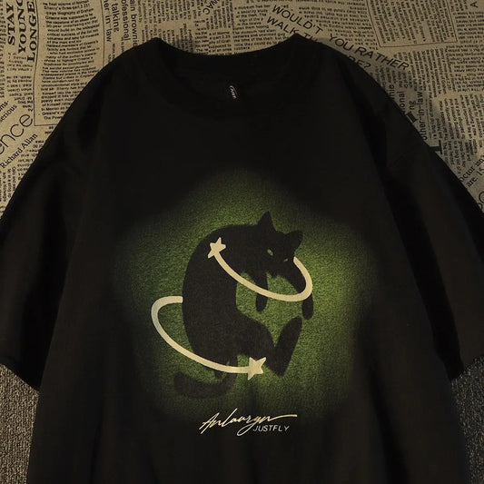 Camiseta de Algodón Retro Americano con Estampado de Gatos para Parejas de Verano