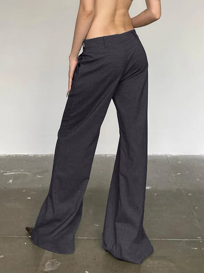 Eleganzia Gris: Pantalones Anchos de Cintura Baja para Mujer