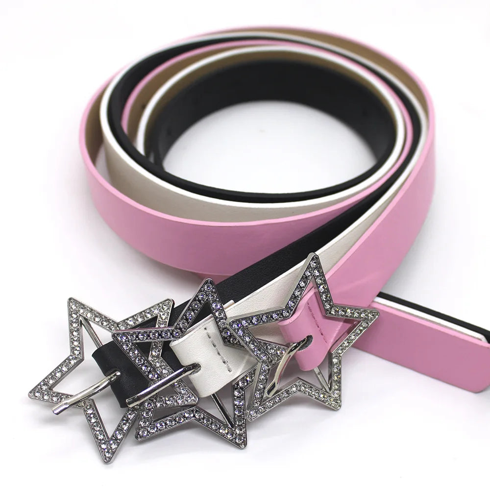 Cinturón Estelar Y2K de Cuero Rosa con Hebilla en Forma de Estrella y Detalles de Estrás Brillantes