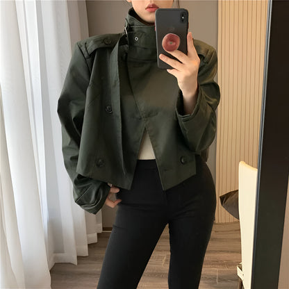 Manteau court en cuir ciré pour femme avec doubles poches