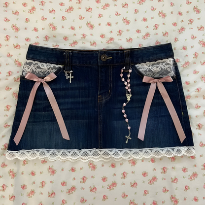 Falda Denim Lace Harajuku: Estilo Retro y Sensual