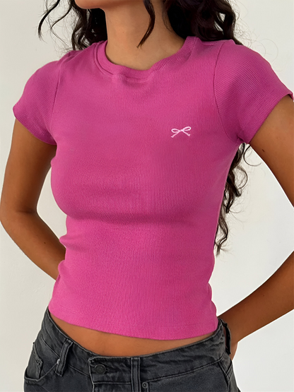 Encanto Veraniego - Camiseta Crop Top Mujer con Detalle de Lazos Bordados