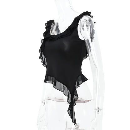 Seda Encanto: Top Crop Irregular Backless con Volantes Sensuales