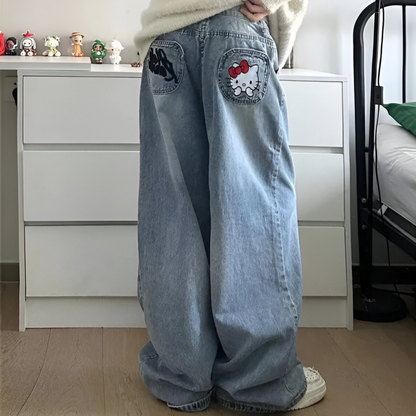 Eterna Encanto: Pantalones Denim Retro con Bordado Hello Kitty